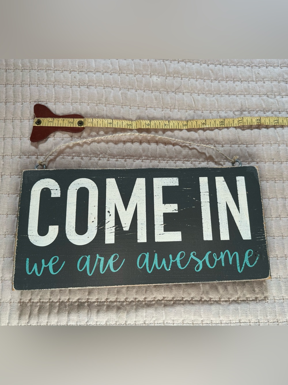 Rustic COME IN Wood Wall Sign - Black & Teal